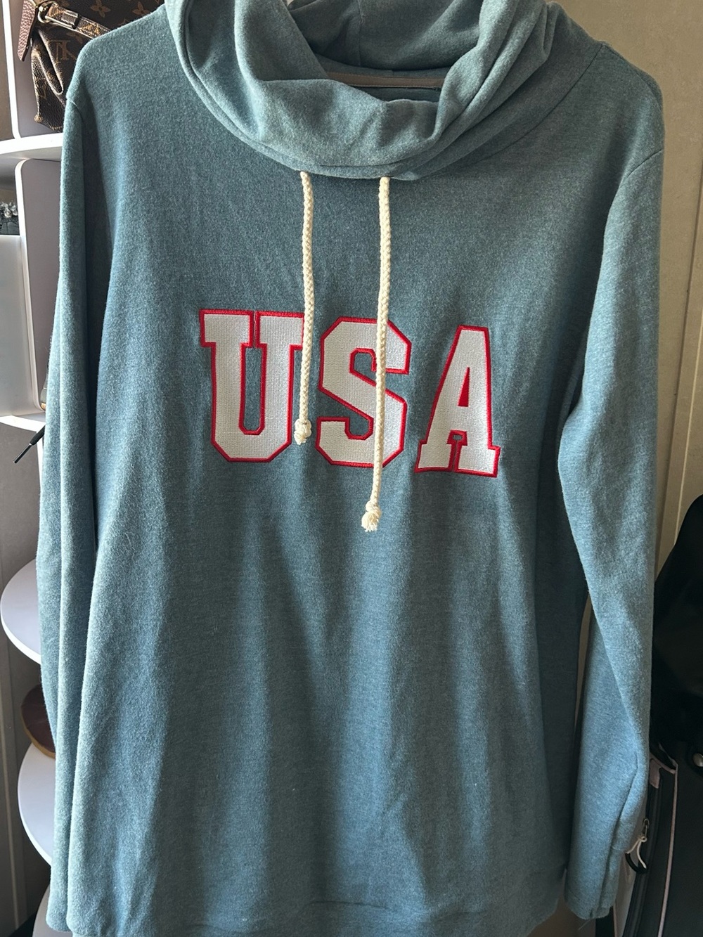 AMPERSAND AVE Teal Scoop-Neck Pullover with USA Patch
